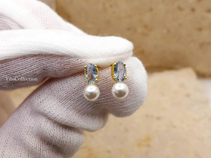 Dainty Small Aquamarine Pearl Stud Earrings March June Birthstone Gift for Her