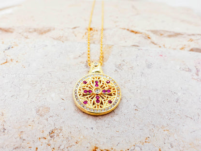 Double Sided Sun Necklace, Gold Filled Pink Sapphire Moissanite Fidget Necklace Confirmation Gift