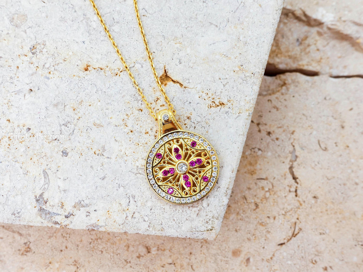 Double Sided Sun Necklace, Gold Filled Pink Sapphire Moissanite Fidget Necklace Confirmation Gift