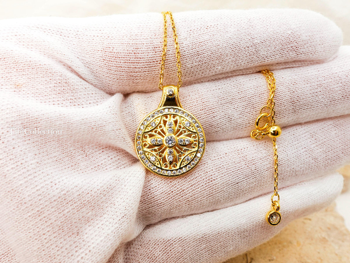 Double Sided Sun Necklace, Gold Filled Pink Sapphire Moissanite Fidget Necklace Confirmation Gift