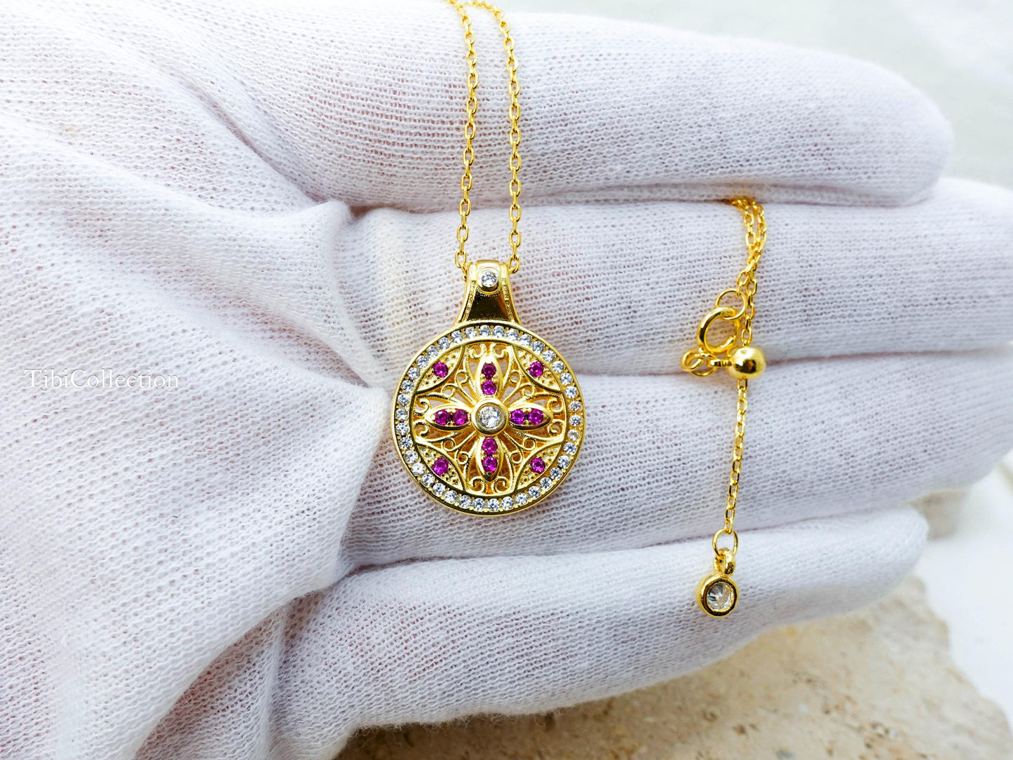 Double Sided Sun Necklace, Gold Filled Pink Sapphire Moissanite Fidget Necklace Confirmation Gift