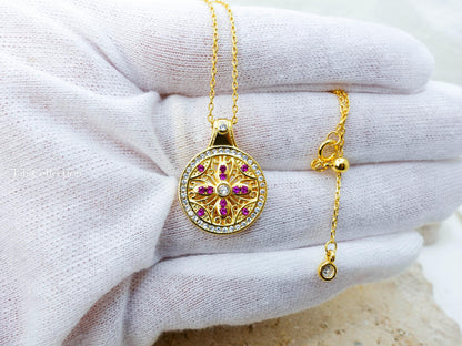 Double Sided Sun Necklace, Gold Filled Pink Sapphire Moissanite Fidget Necklace Confirmation Gift