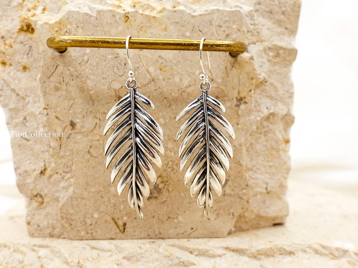 Sterling Silver Leaf Dangle Earrings, Fern Leaf Feather Boho Jewelry Gift for Her