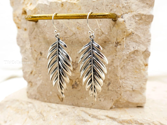 Sterling Silver Leaf Dangle Earrings, Fern Leaf Feather Boho Jewelry Gift for Her