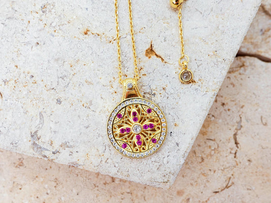 Double Sided Sun Necklace, Gold Filled Pink Sapphire Moissanite Fidget Necklace Confirmation Gift