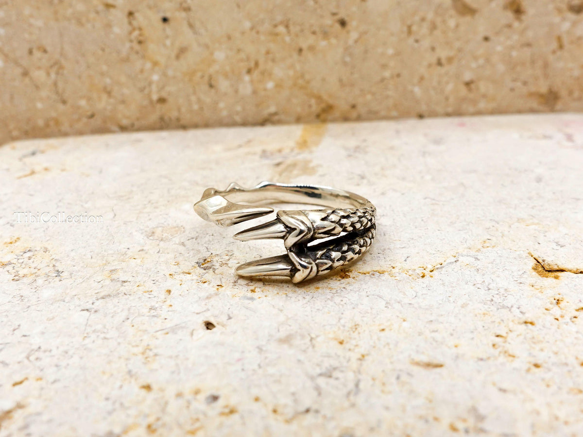 Sterling Silver Bird Claw Ring Adjustable, Open Gothic Statement Rings For Men Women