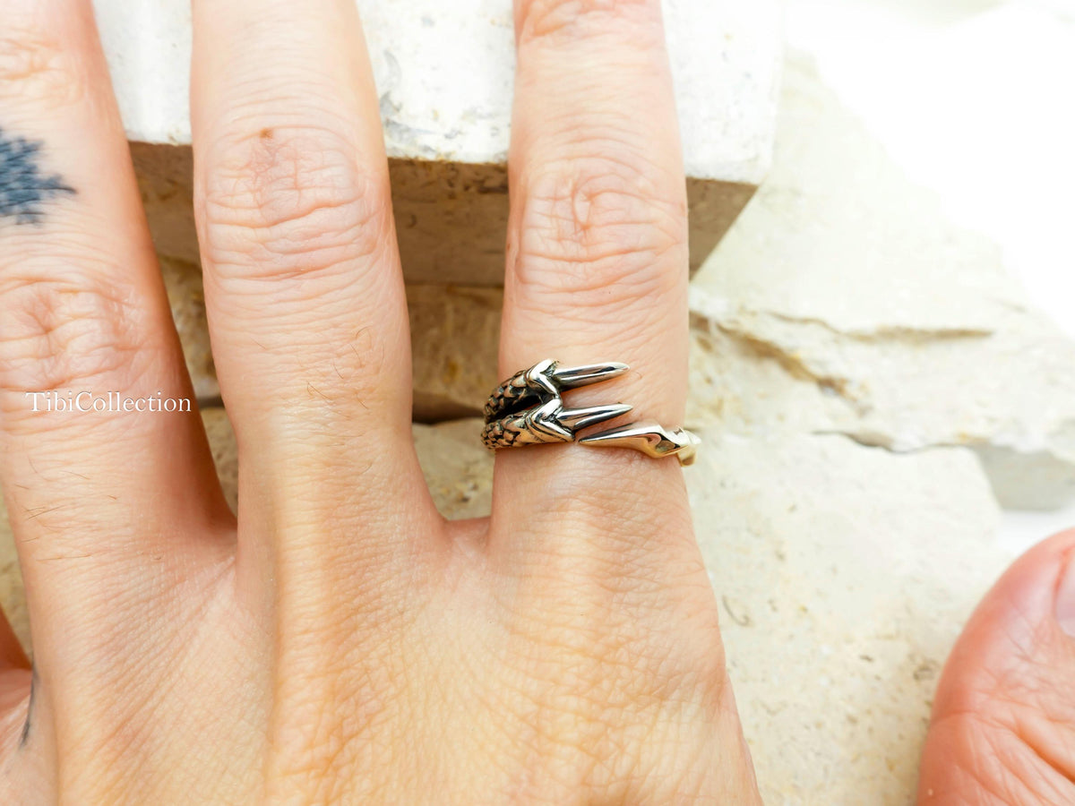 Sterling Silver Bird Claw Ring Adjustable, Open Gothic Statement Rings For Men Women