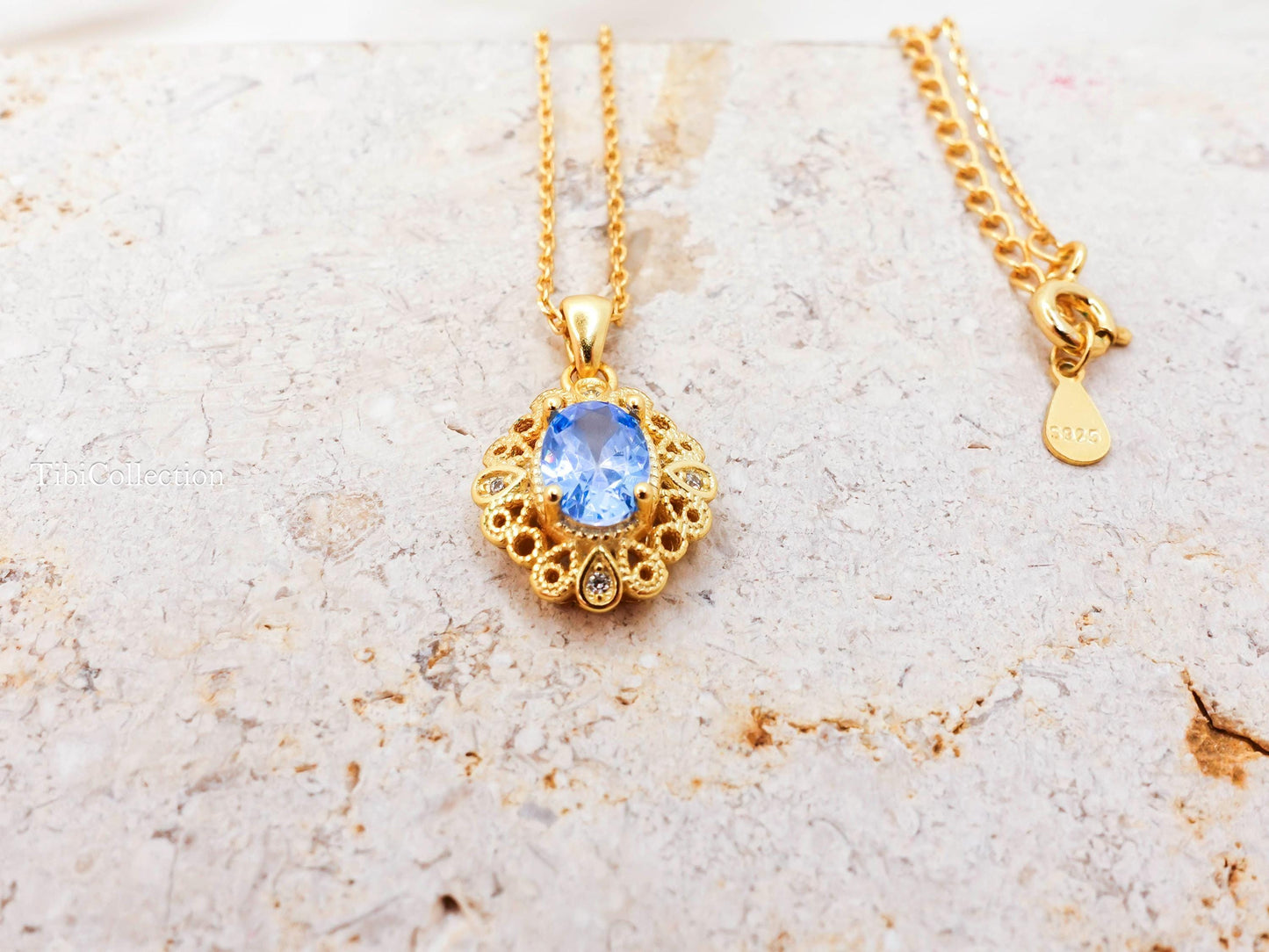 Vintage Blue Topaz Necklace Gold Filled Sterling Silver, December Birthstone Gift for Her