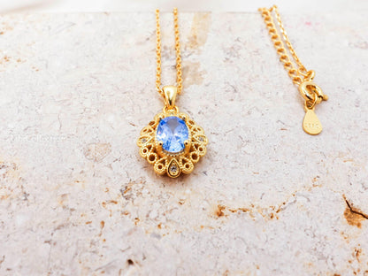 Vintage Blue Topaz Necklace Gold Filled Sterling Silver, December Birthstone Gift for Her