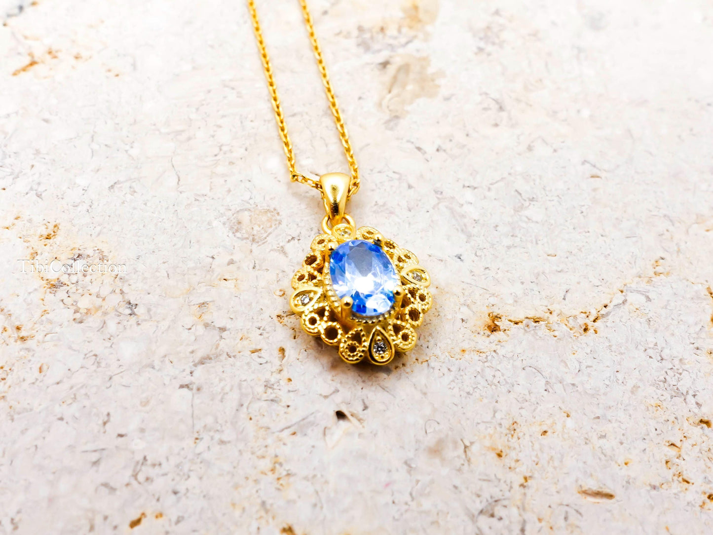 Vintage Blue Topaz Necklace Gold Filled Sterling Silver, December Birthstone Gift for Her