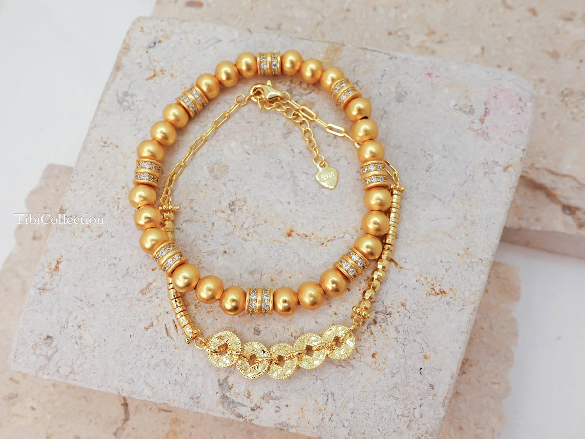 Gold Bracelet Stack, Lucky Money Wealth Abundance Jewelry Gift for Her Mom Sister