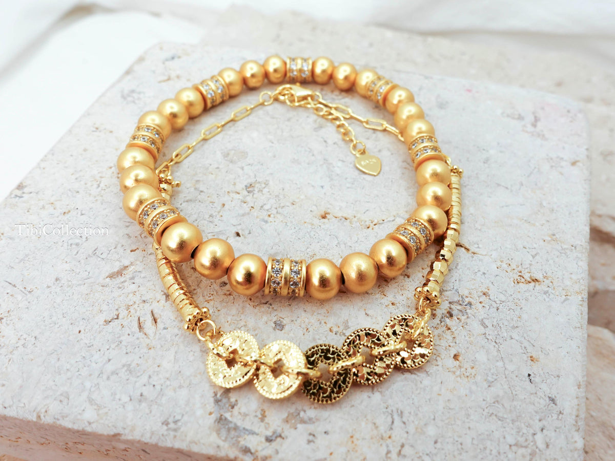 Gold Bracelet Stack, Lucky Money Wealth Abundance Jewelry Gift for Her Mom Sister