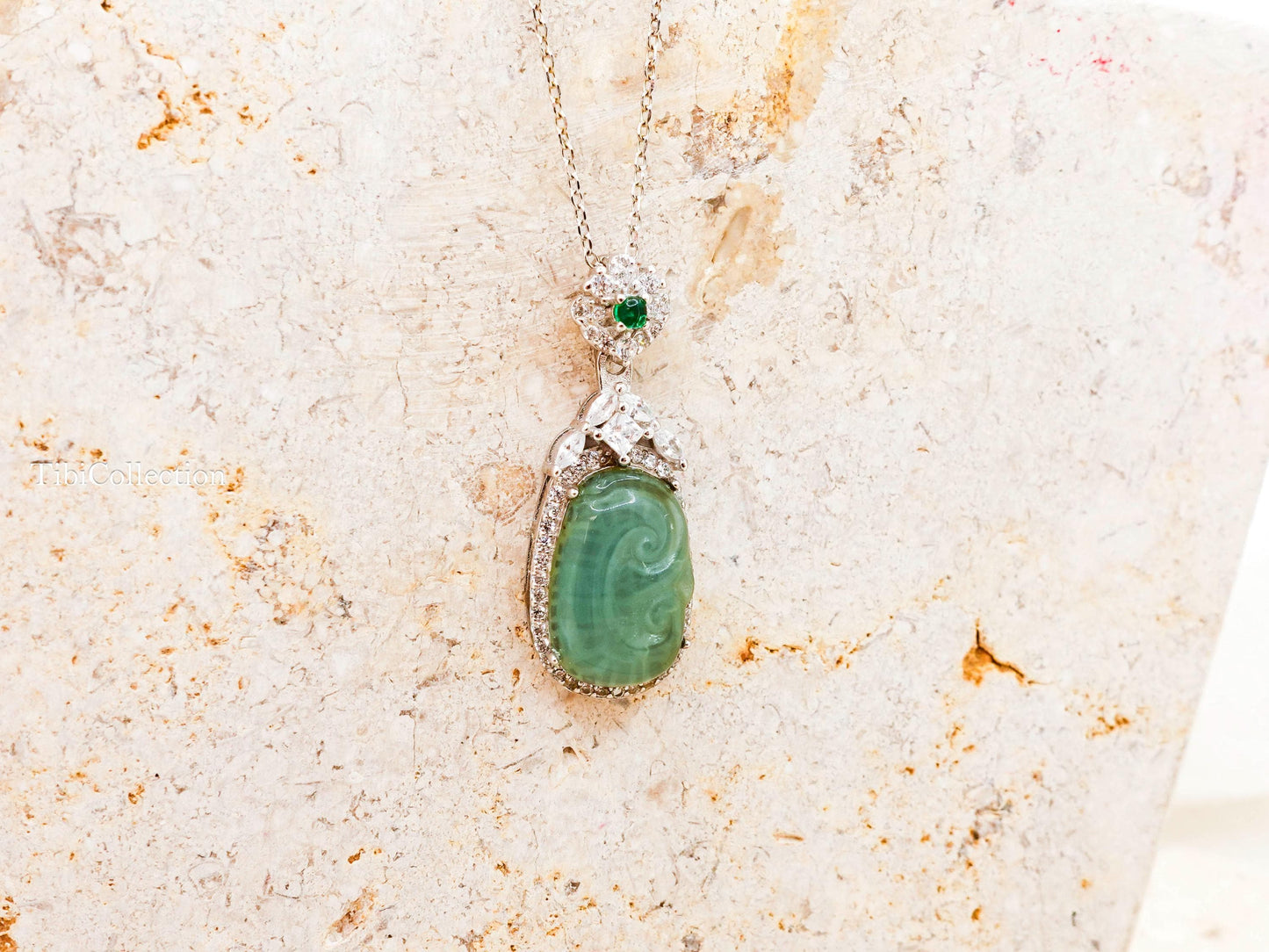 Sterling Silver Jade Necklace with Moissanite Emerald Gift for Mom