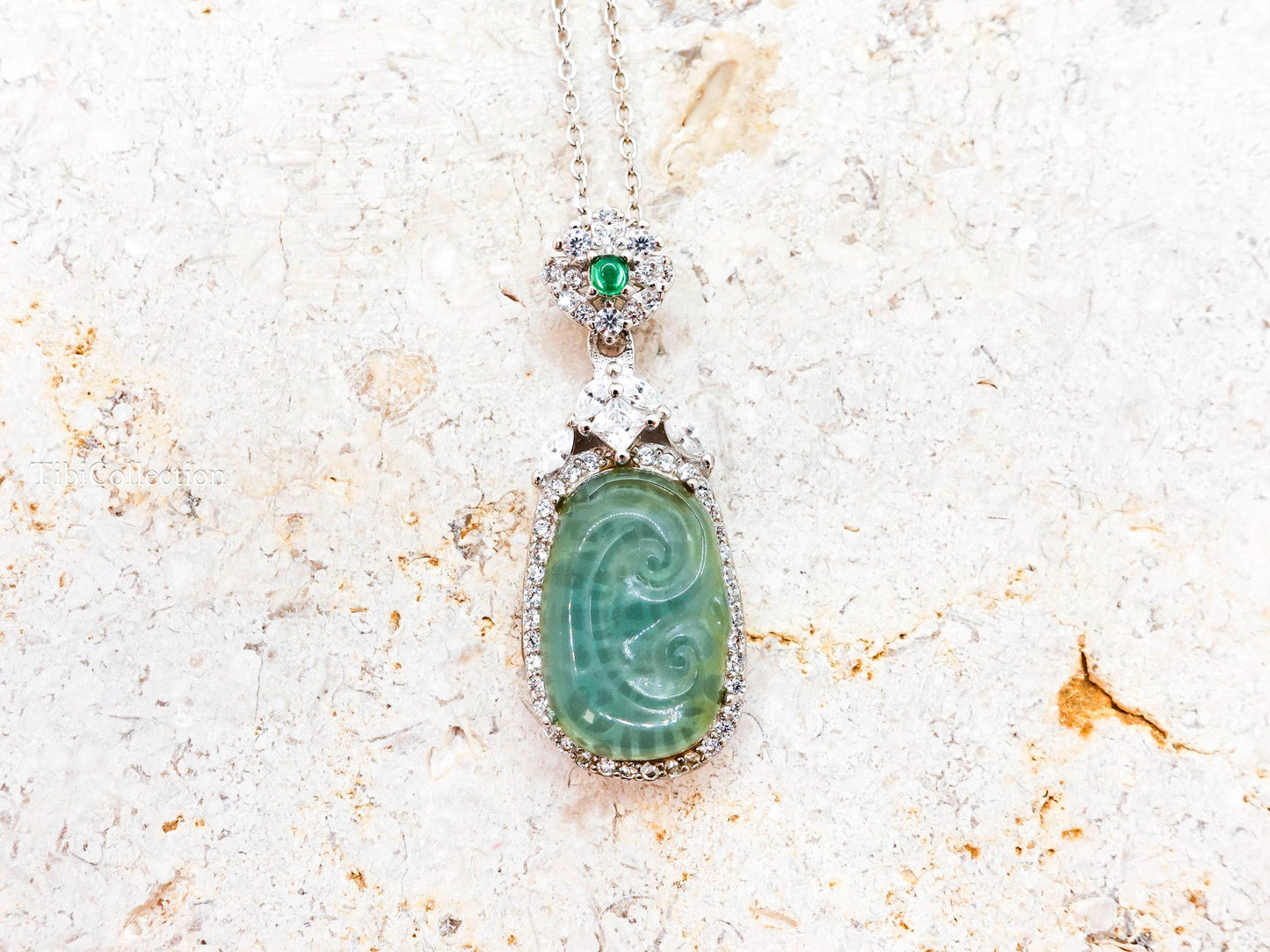 Sterling Silver Jade Necklace with Moissanite Emerald Gift for Mom