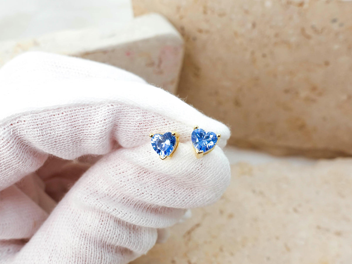 Dainty Blue Topaz Stud Earrings, Tiny Heart Conch Tragus Cartilage Helix Studs Gift