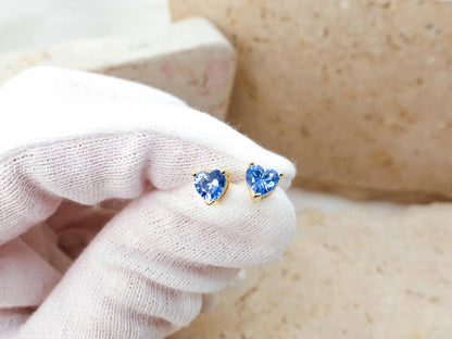 Dainty Blue Topaz Stud Earrings, Tiny Heart Conch Tragus Cartilage Helix Studs Gift