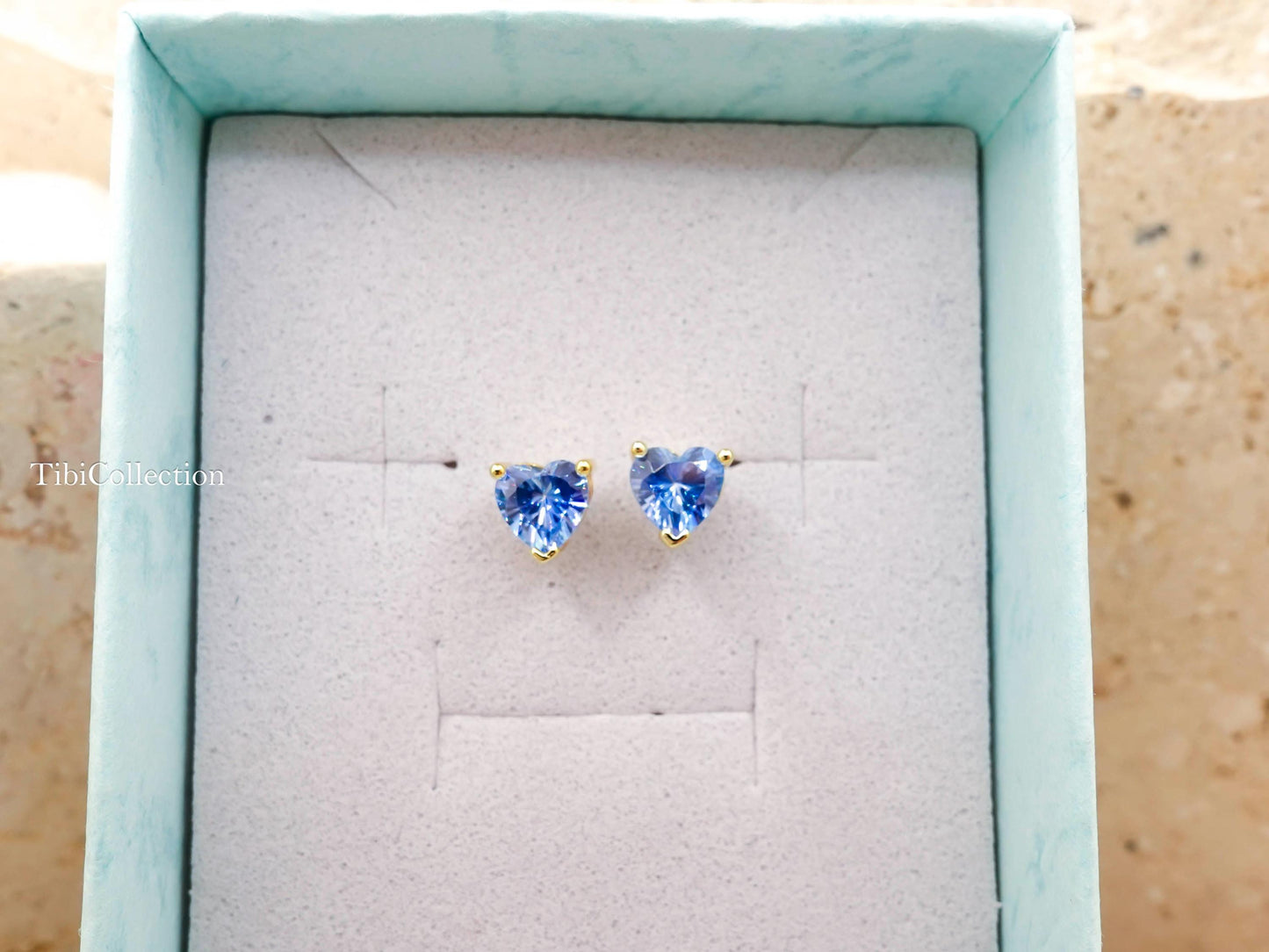 Dainty Blue Topaz Stud Earrings, Tiny Heart Conch Tragus Cartilage Helix Studs Gift