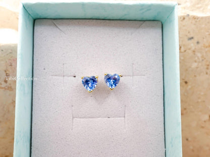 Dainty Blue Topaz Stud Earrings, Tiny Heart Conch Tragus Cartilage Helix Studs Gift
