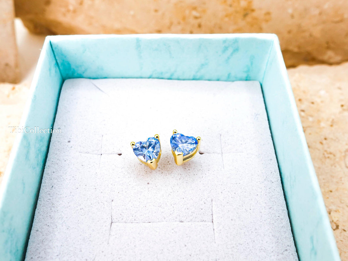 Dainty Blue Topaz Stud Earrings, Tiny Heart Conch Tragus Cartilage Helix Studs Gift