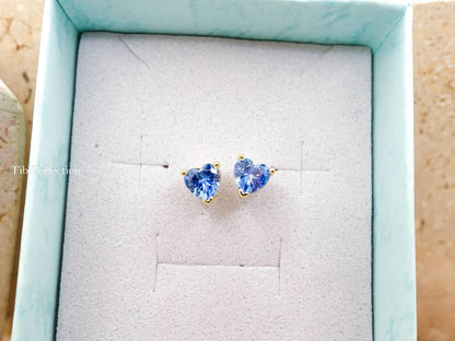 Dainty Blue Topaz Stud Earrings, Tiny Heart Conch Tragus Cartilage Helix Studs Gift
