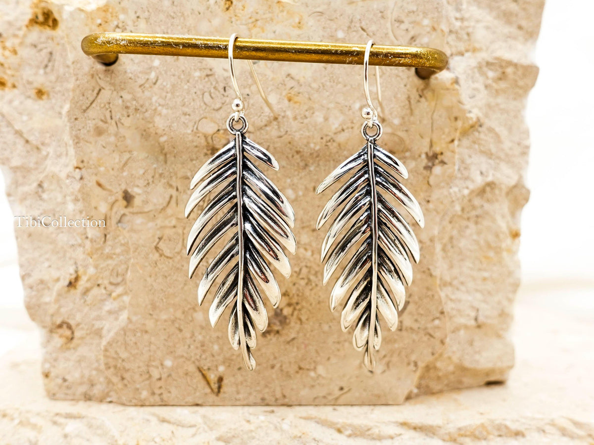 Sterling Silver Leaf Dangle Earrings, Fern Leaf Feather Boho Jewelry Gift for Her