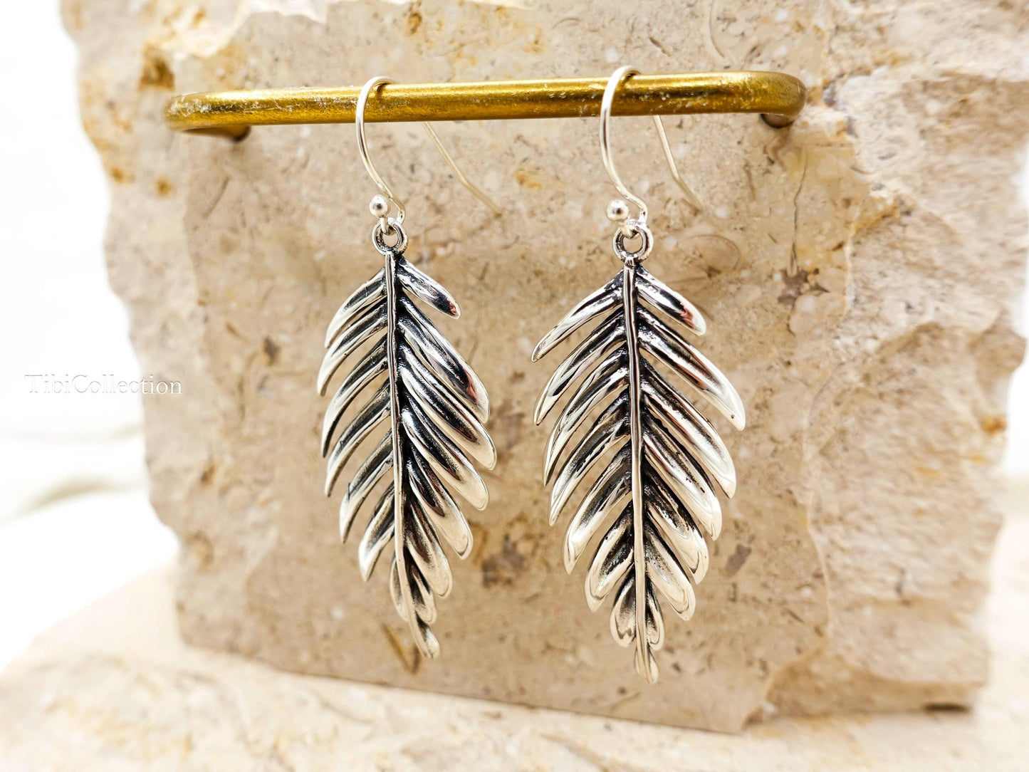 Sterling Silver Leaf Dangle Earrings, Fern Leaf Feather Boho Jewelry Gift for Her