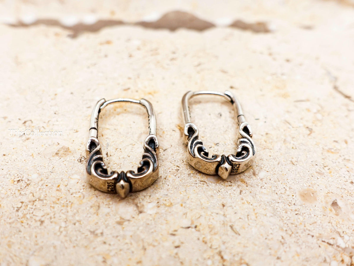 Sterling Silver Huggie Hoop Earrings, Black Mens Earrings Unisex Vintage Jewelry Gift