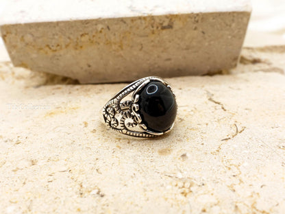Sterling Silver Natural Black Onyx Ring Adjustable, Vintage Jewelry Gift for Her Him