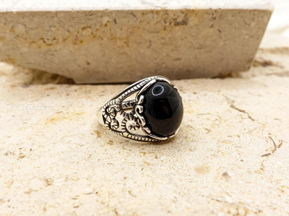Sterling Silver Natural Black Onyx Ring Adjustable, Vintage Jewelry Gift for Her Him