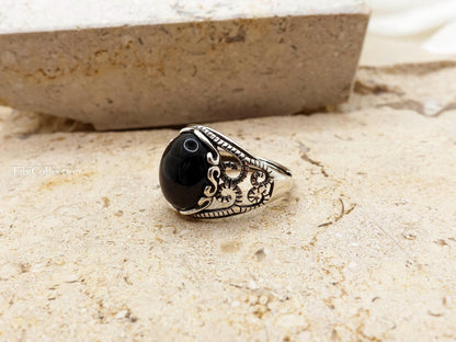 Sterling Silver Natural Black Onyx Ring Adjustable, Vintage Jewelry Gift for Her Him