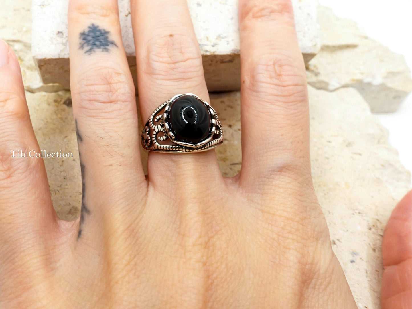 Sterling Silver Natural Black Onyx Ring Adjustable, Vintage Jewelry Gift for Her Him