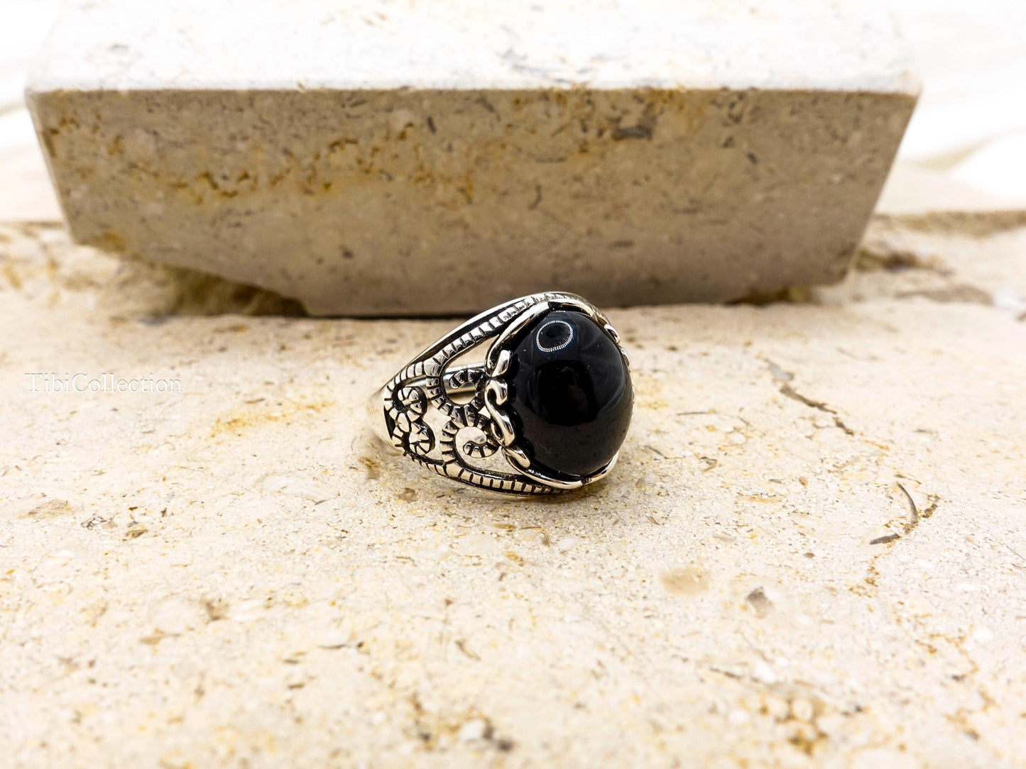 Sterling Silver Natural Black Onyx Ring Adjustable, Vintage Jewelry Gift for Her Him