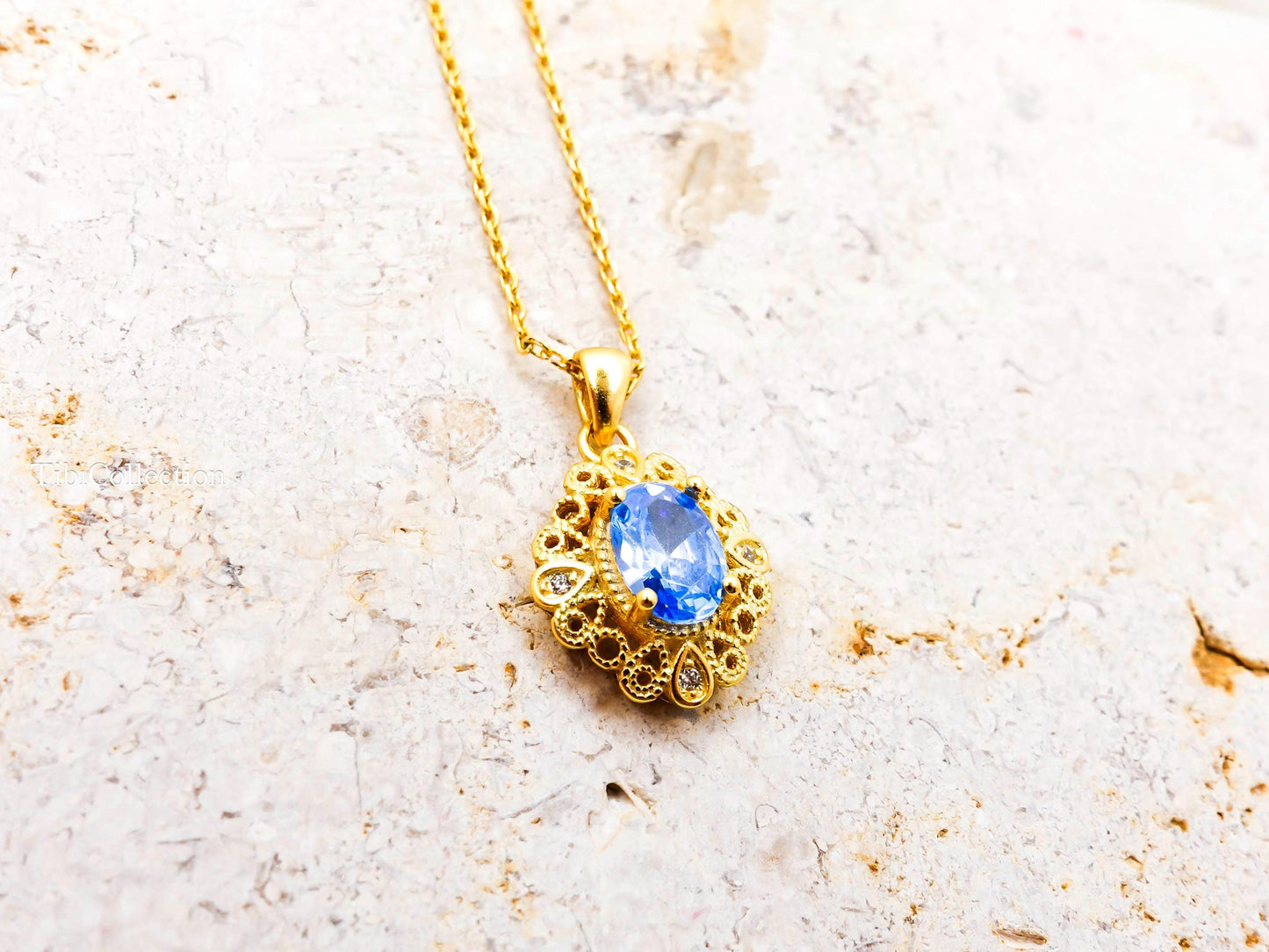 Vintage Blue Topaz Necklace Gold Filled Sterling Silver, December Birthstone Gift for Her