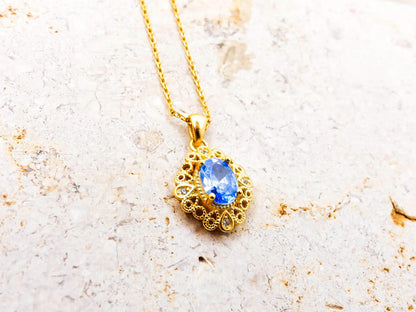 Vintage Blue Topaz Necklace Gold Filled Sterling Silver, December Birthstone Gift for Her