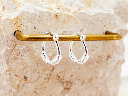 Small Hoop Earrings Sterling Silver , Textured Tiny Hoops Minimalist Gift