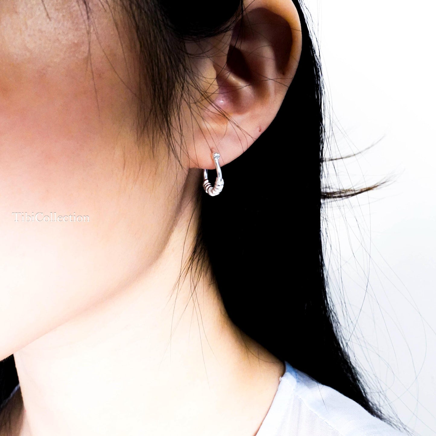 Small Hoop Earrings Sterling Silver , Textured Tiny Hoops Minimalist Gift
