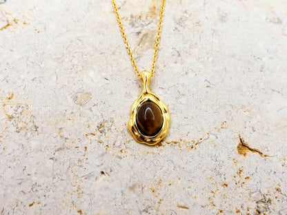 Gold Tiger Eye Necklace Sterling Silver, Oval Brown Gemstone Minimalist Jewelry Gift