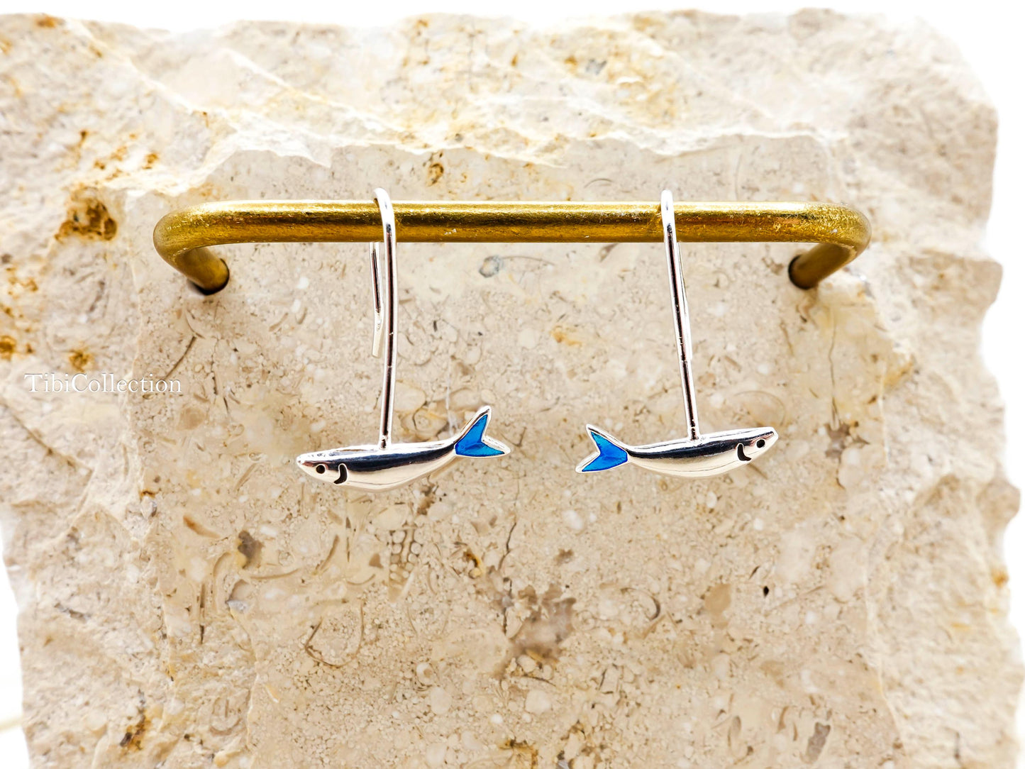 Small Fish Earrings Long  Dangle Sterling Silver, Blue Tail Ocean Jewelry Unisex Gift