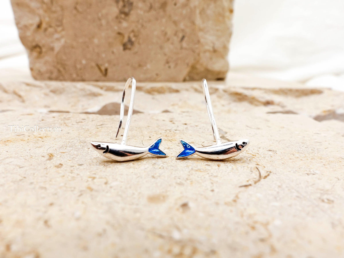 Small Fish Earrings Long  Dangle Sterling Silver, Blue Tail Ocean Jewelry Unisex Gift