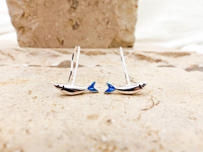 Small Fish Earrings Long  Dangle Sterling Silver, Blue Tail Ocean Jewelry Unisex Gift
