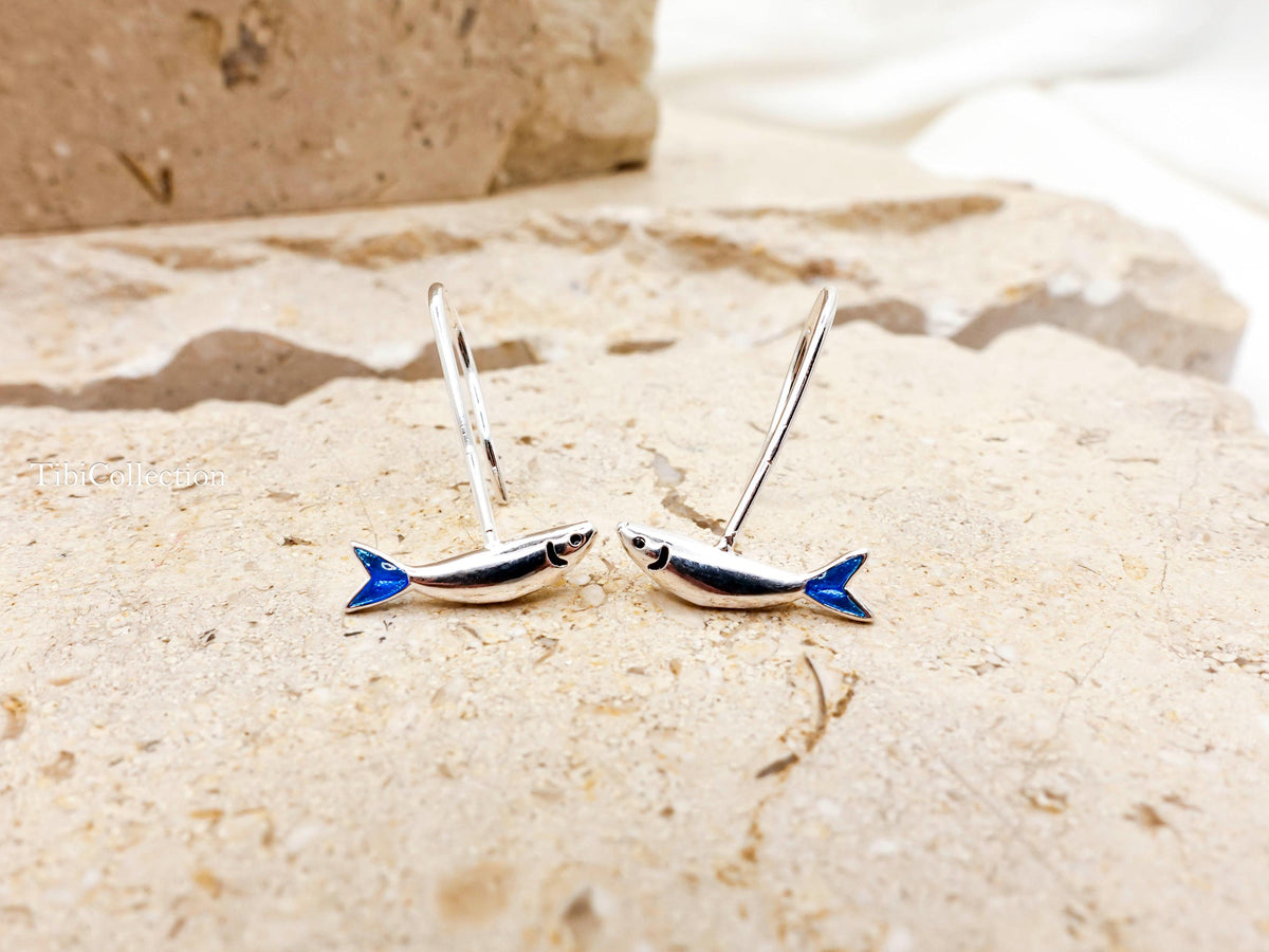 Small Fish Earrings Long  Dangle Sterling Silver, Blue Tail Ocean Jewelry Unisex Gift