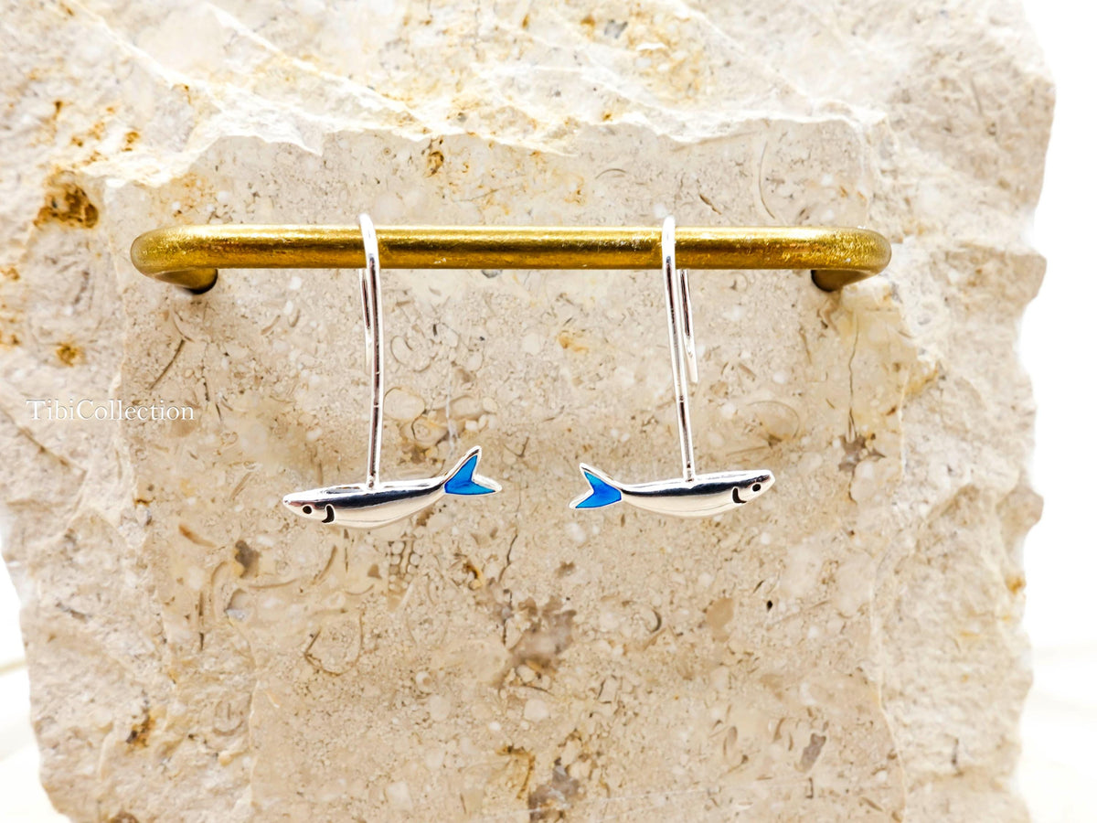 Small Fish Earrings Long  Dangle Sterling Silver, Blue Tail Ocean Jewelry Unisex Gift