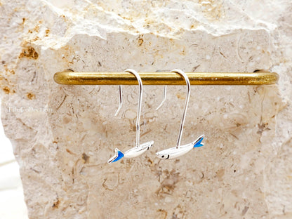 Small Fish Earrings Long  Dangle Sterling Silver, Blue Tail Ocean Jewelry Unisex Gift