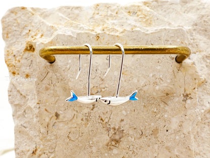 Small Fish Earrings Long  Dangle Sterling Silver, Blue Tail Ocean Jewelry Unisex Gift