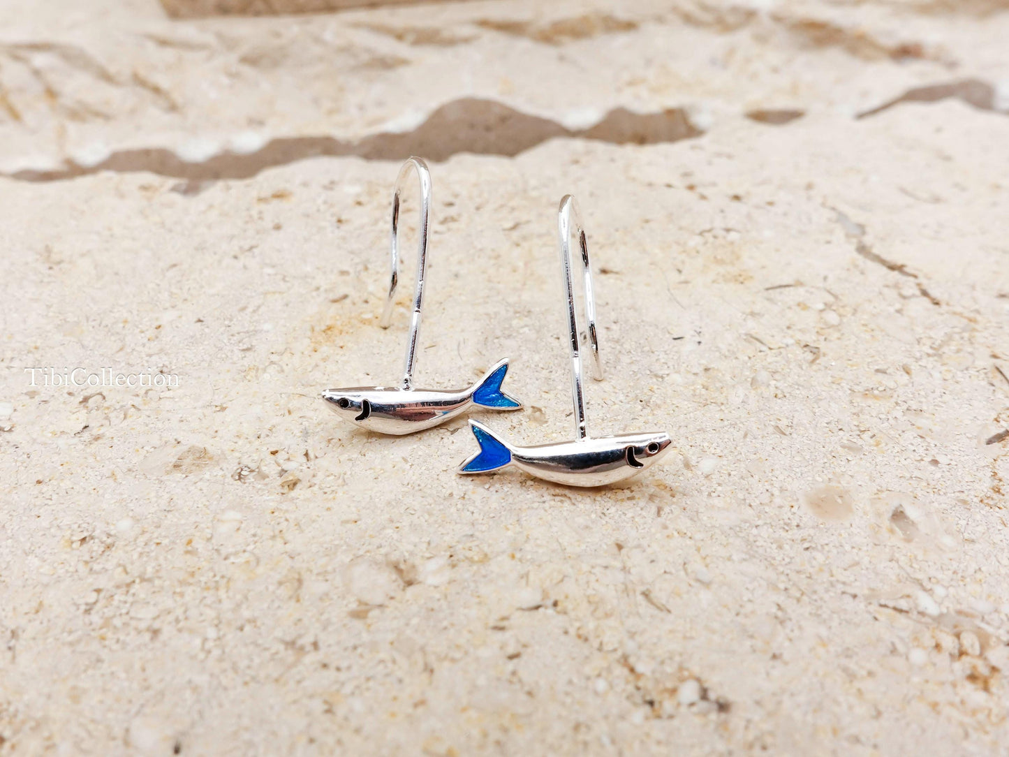 Small Fish Earrings Long  Dangle Sterling Silver, Blue Tail Ocean Jewelry Unisex Gift
