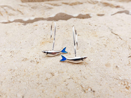 Small Fish Earrings Long  Dangle Sterling Silver, Blue Tail Ocean Jewelry Unisex Gift