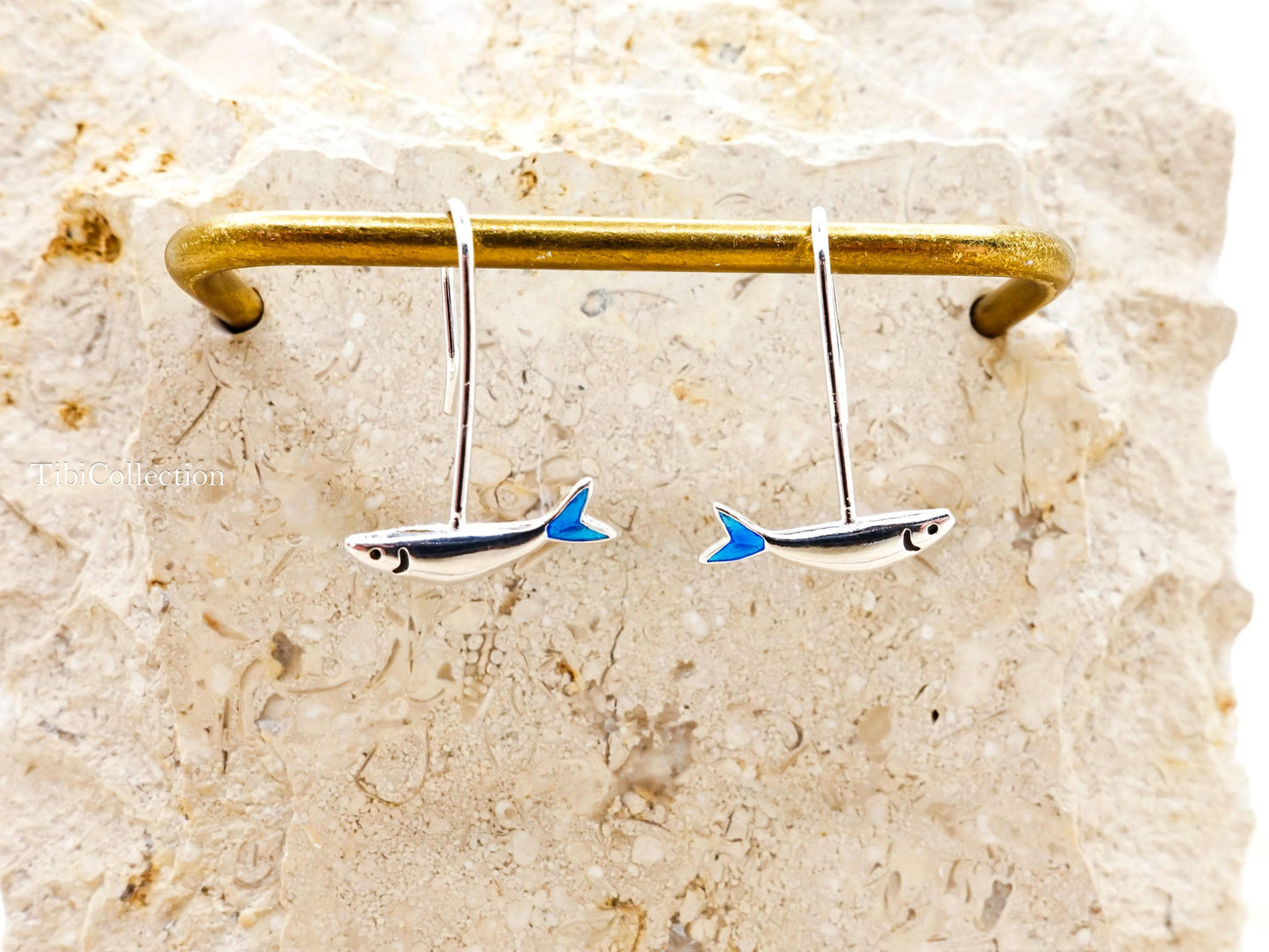 Small Fish Earrings Long  Dangle Sterling Silver, Blue Tail Ocean Jewelry Unisex Gift