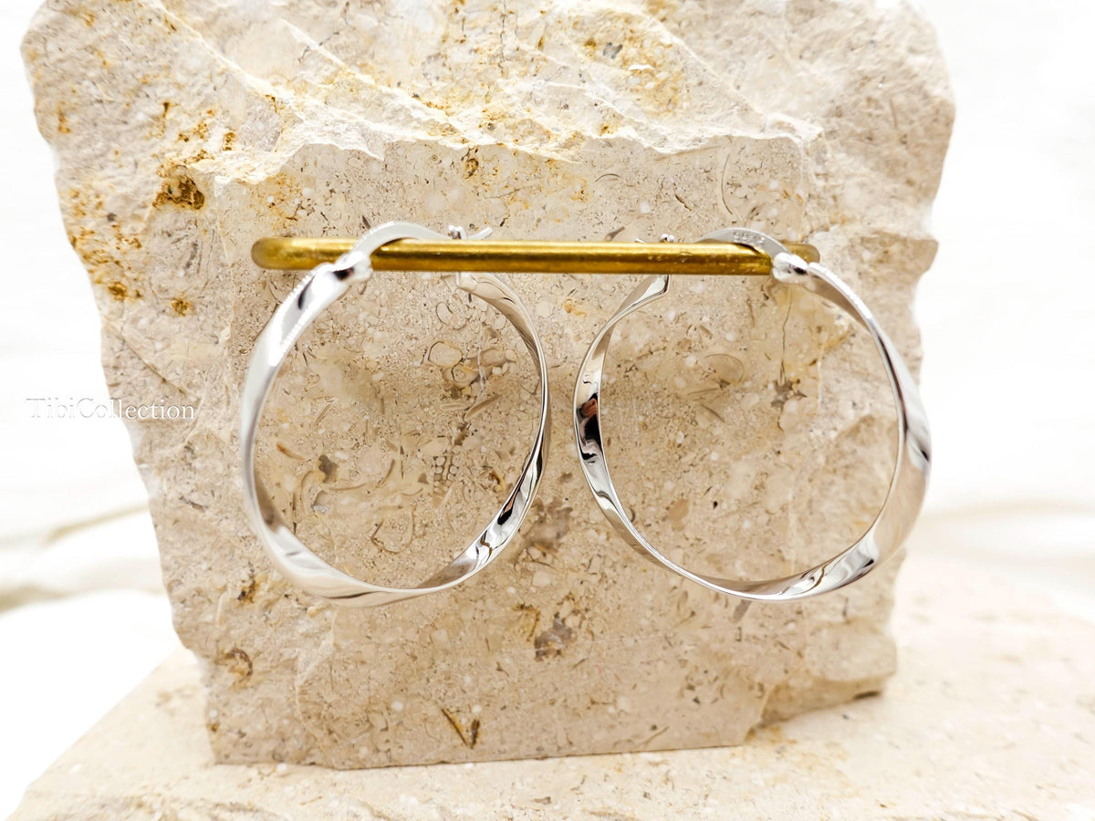 Sterling Silver Twist Large Hoop Earrings, Mobius Jewelry Gift for Her