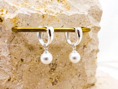 Sterling Silver Pearl Hoop Earrings, Huggie Hoops with Freshwater Pearl Drop Gift for Her