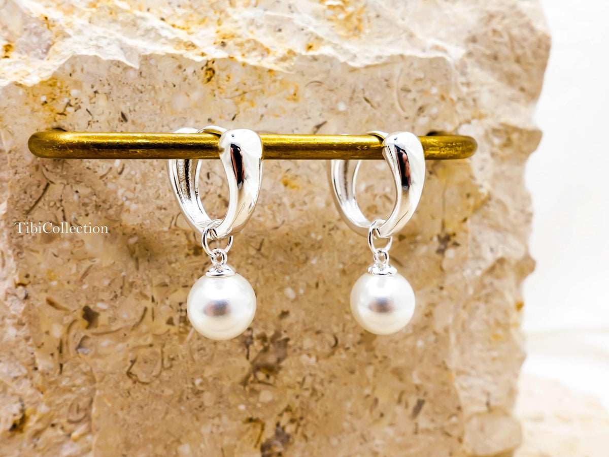 Sterling Silver Pearl Hoop Earrings, Huggie Hoops with Pearl Drop Gift for Her